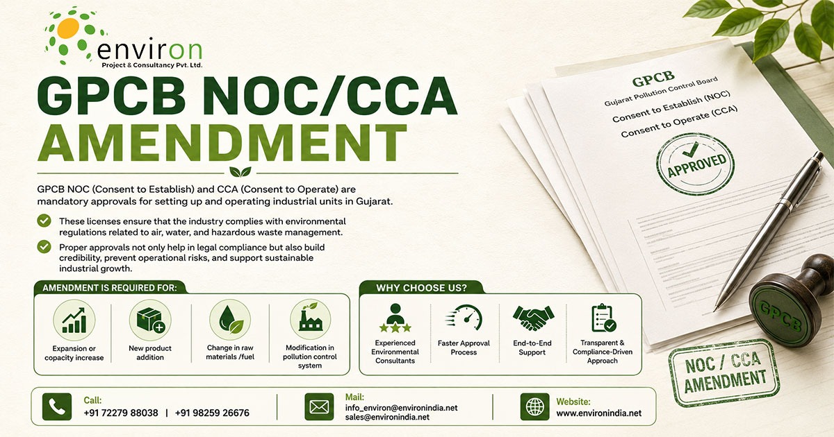GPCB NOC and CCA amendment consultant providing environmental compliance, documentation, and approval services in Gujarat industries.